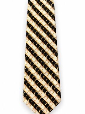 Vintage 100% Silk Wide Tie Geometric Black Cream Gold Handmade